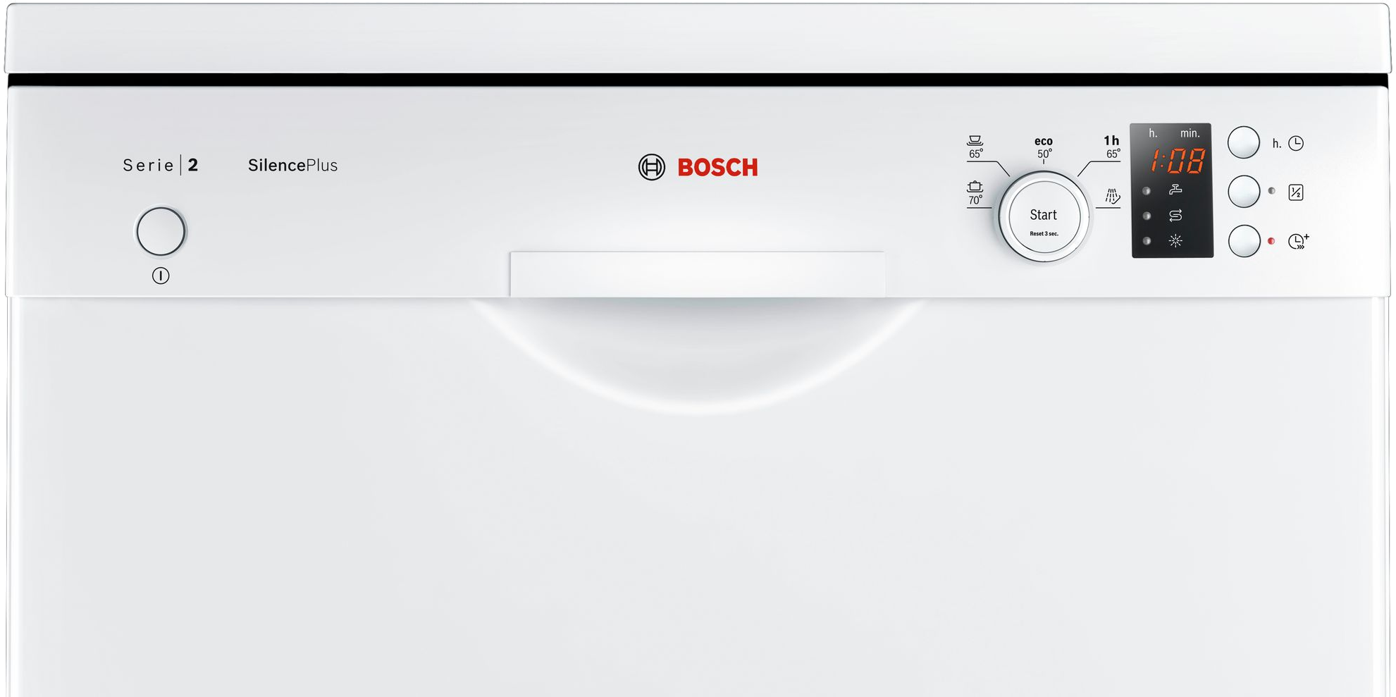 Egy fehér mosogatógép előlap gombokkal és kijelzővel, a Bosch logó látható.