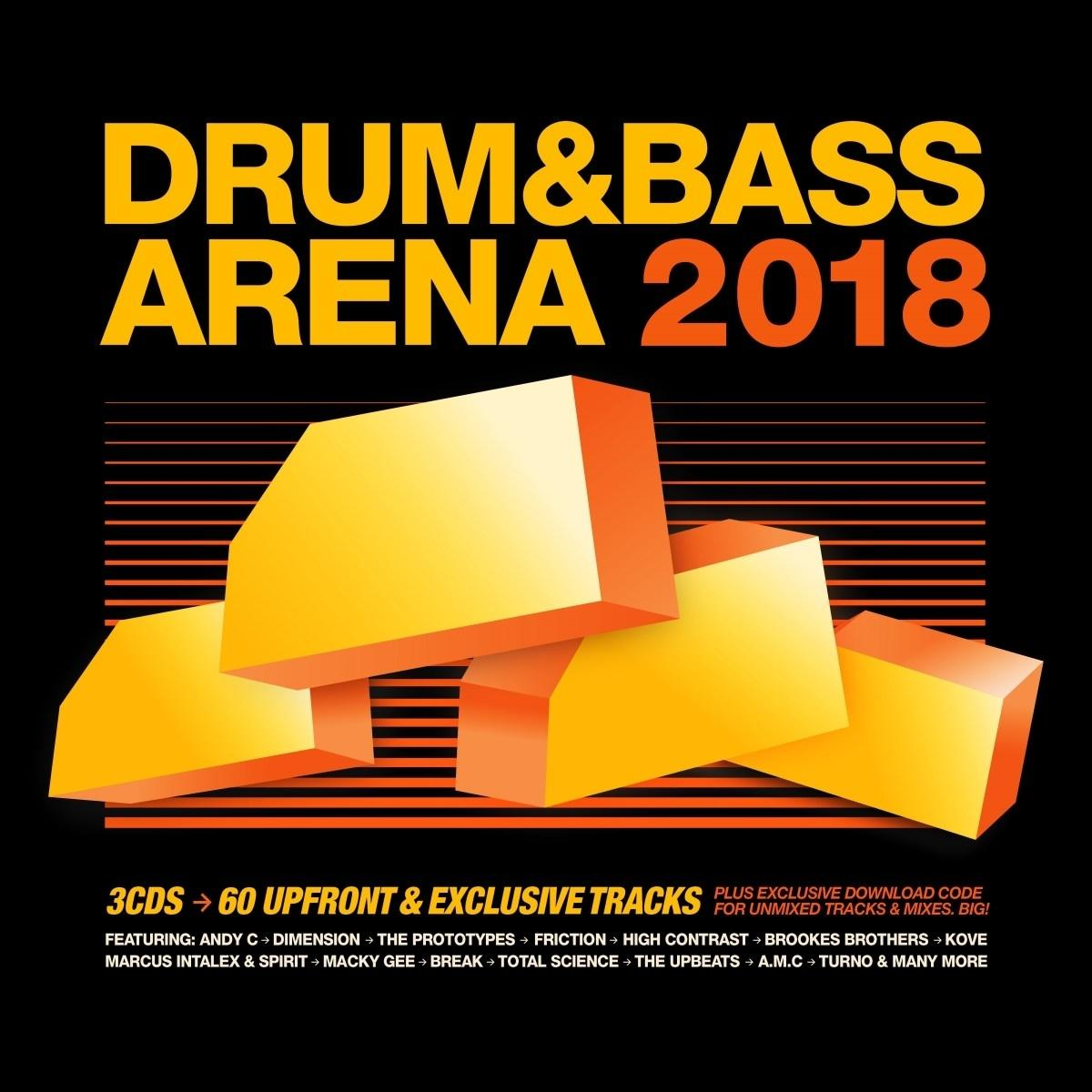 Albumhoes: Drum&Bass Arena 2018, met gele 3D-blokken en tracklistings op zwarte achtergrond.