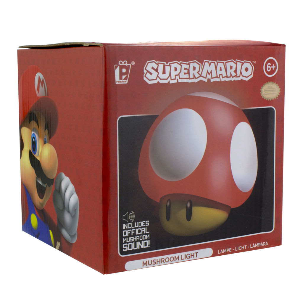 Super Mario Pilz-Lichtbox, rot, Mario-Bild, Produktdetails, weißer Hintergrund.