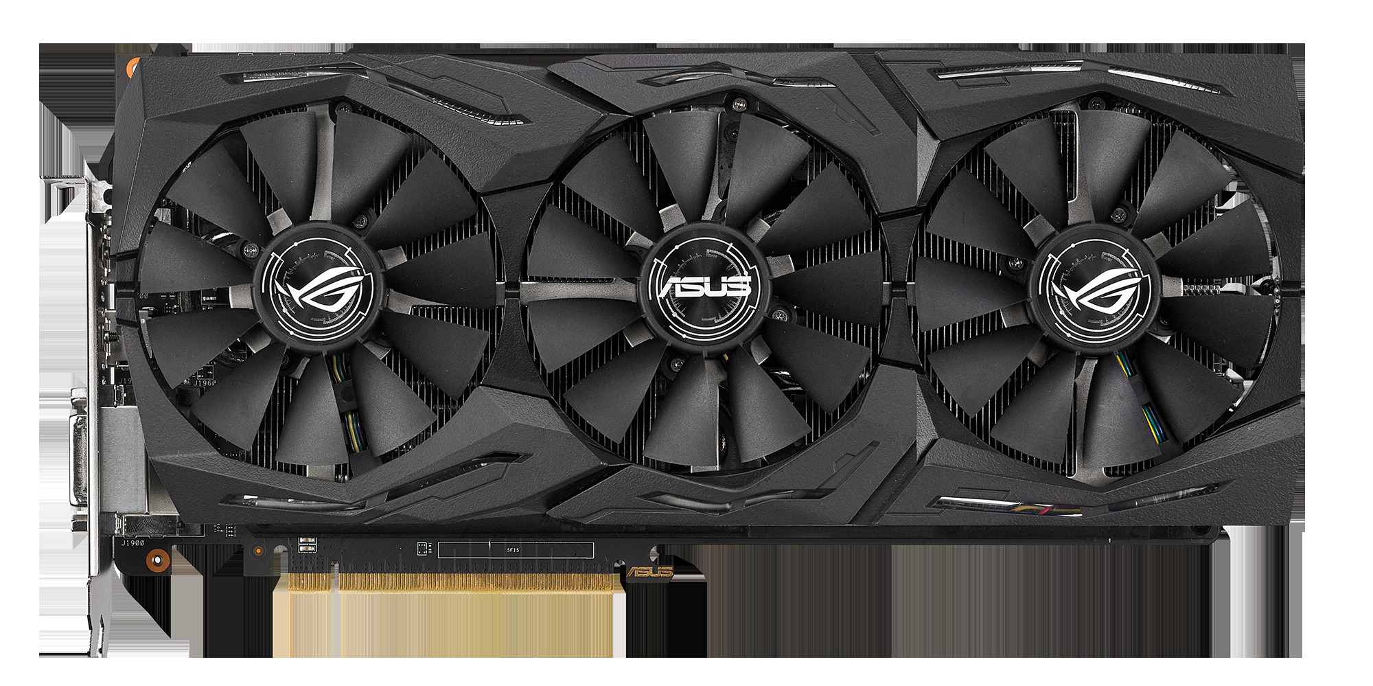 Schwarze ASUS ROG Strix Grafikkarte mit drei Lüftern, schwarzes Gehäuse. Weißer Hintergrund.