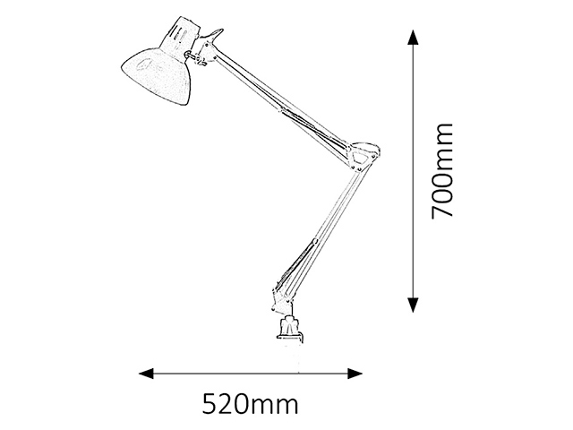 Egy asztali lámpa vonalrajza. Rugalmas karral rendelkezik. Méretek: 700 mm magas, 520 mm széles.