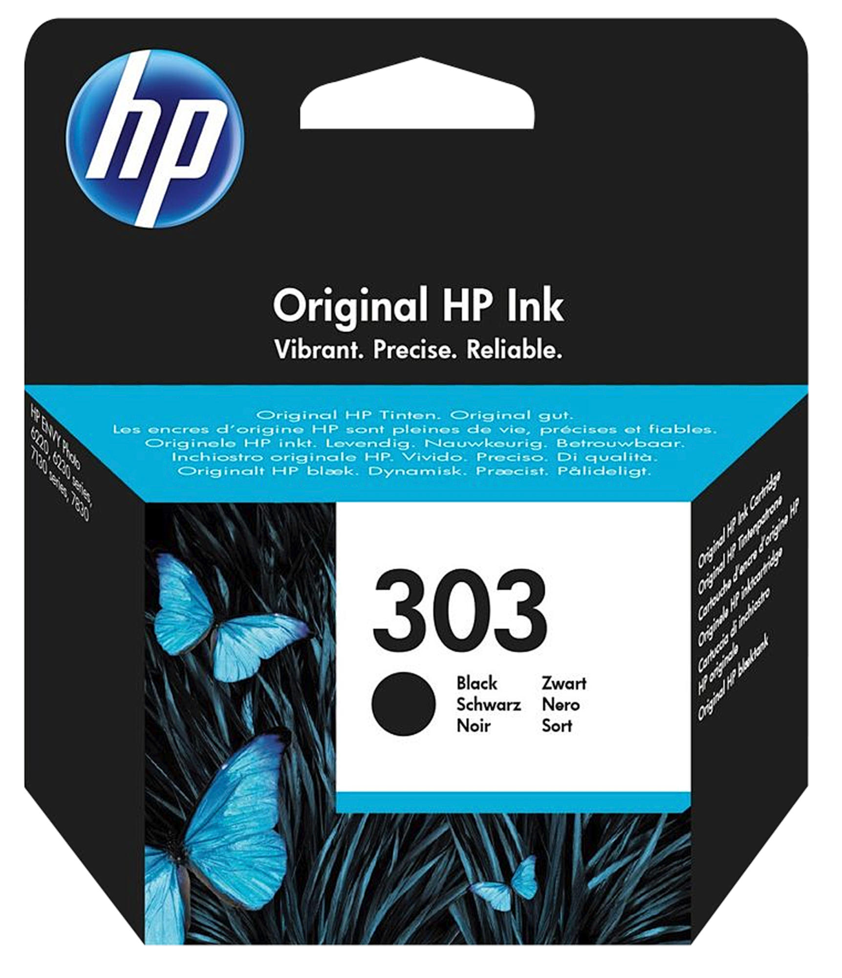 Paquete de cartuchos de tinta HP con mariposas azules y texto.