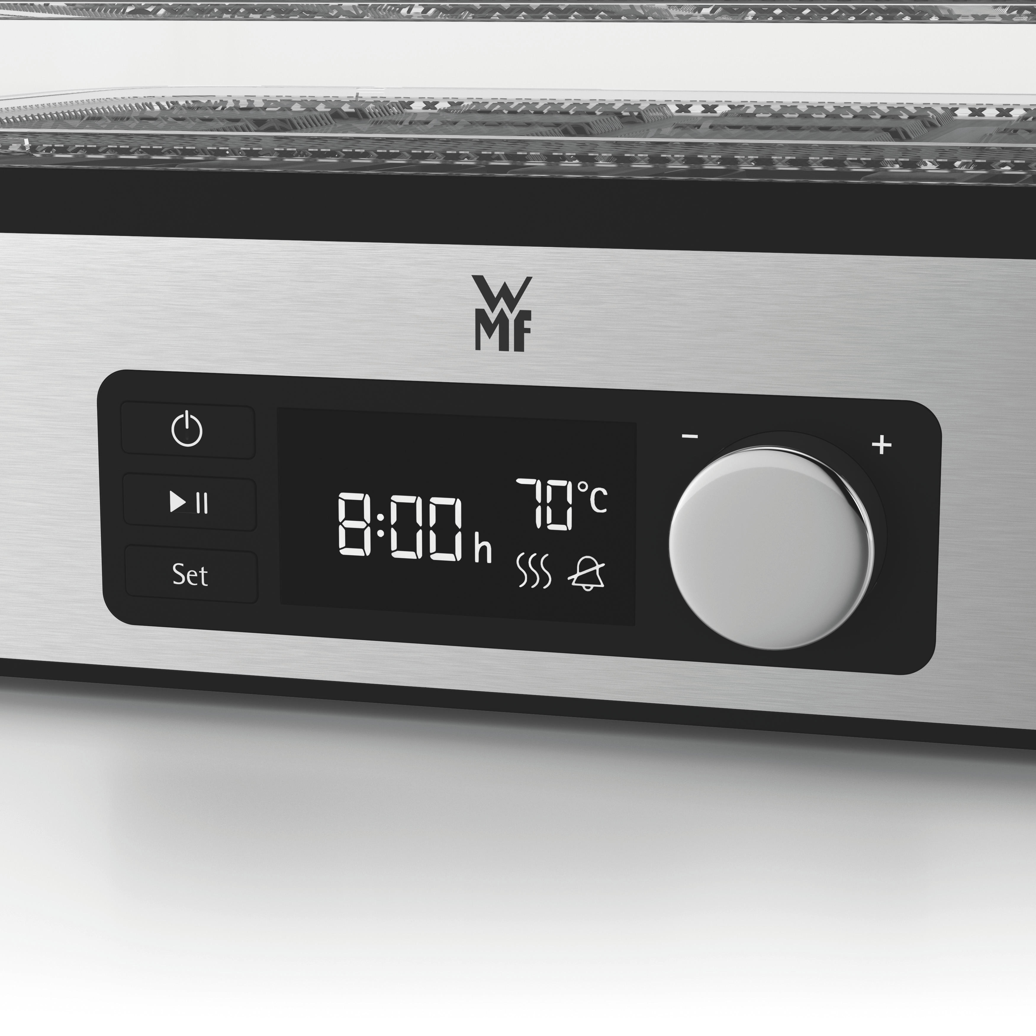 Een zilveren en zwarte voedselwarmer met een digitaal display dat tijd en temperatuur weergeeft.