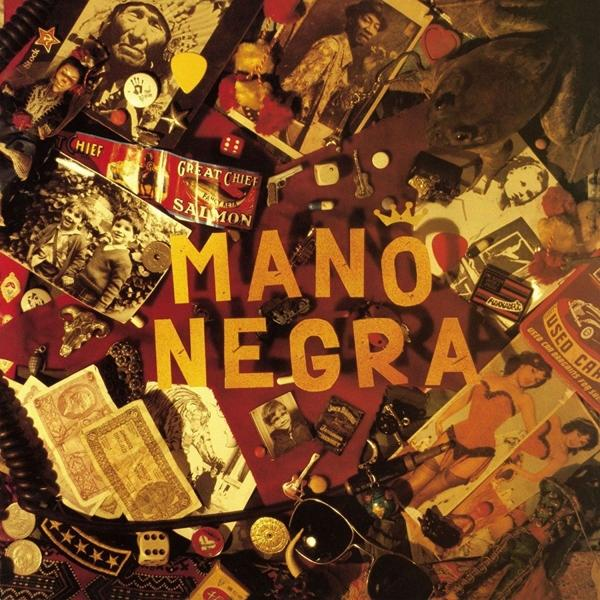 CD-Cover mit 'Mano Negra' in großen gelben Buchstaben und verschiedenen Bildern drumherum.