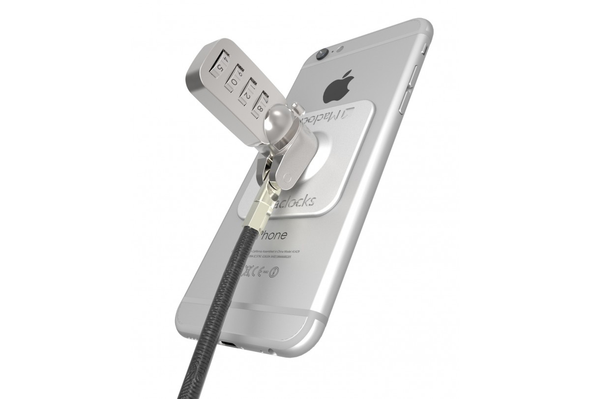 Silbernes iPhone mit einem silbernen Schloss. Das Schloss hat ein Kombinationsrad.