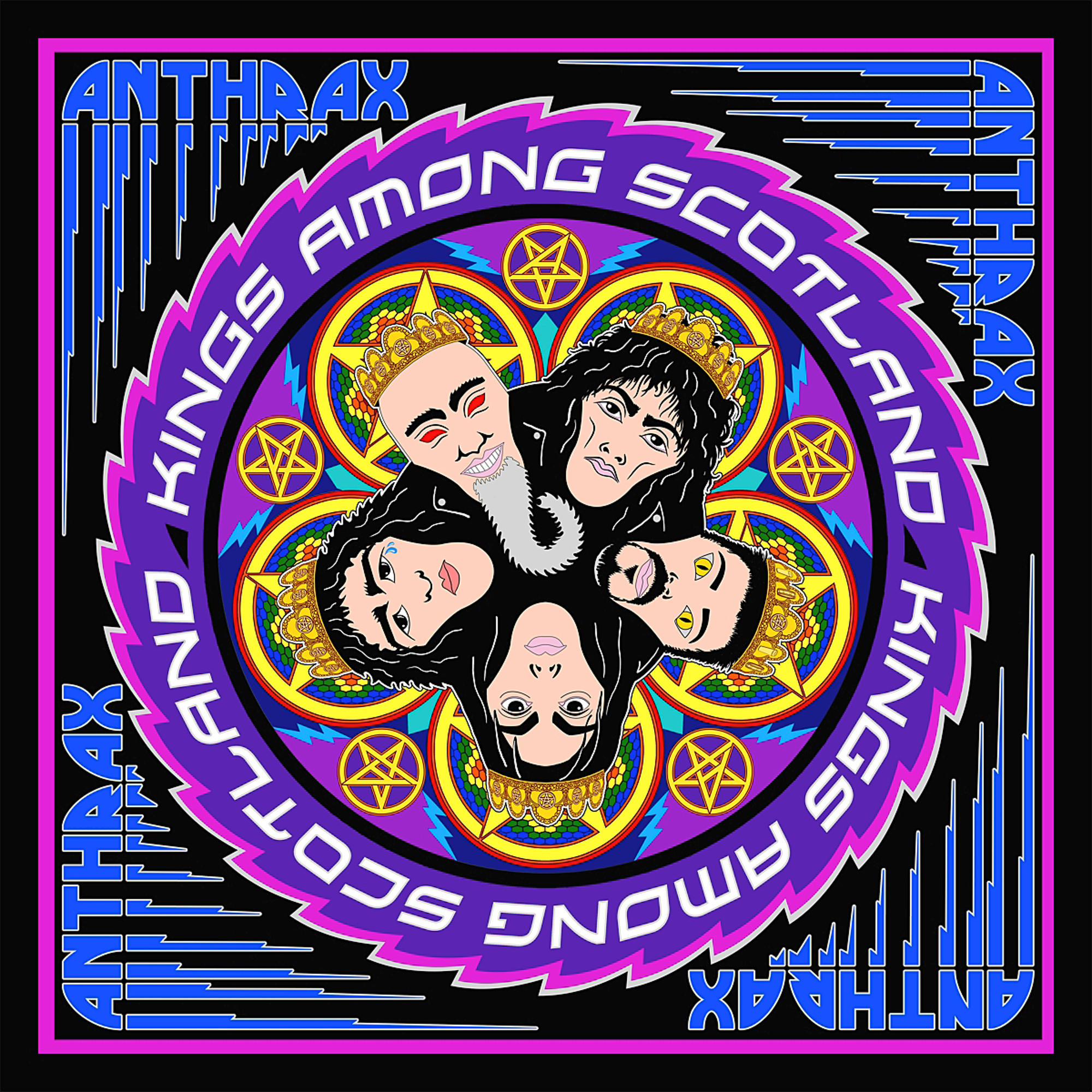 Anthrax albumhoes. Gezichten met kronen omringen een middelste cirkel. Tekst luidt "Kings Among Scotland".