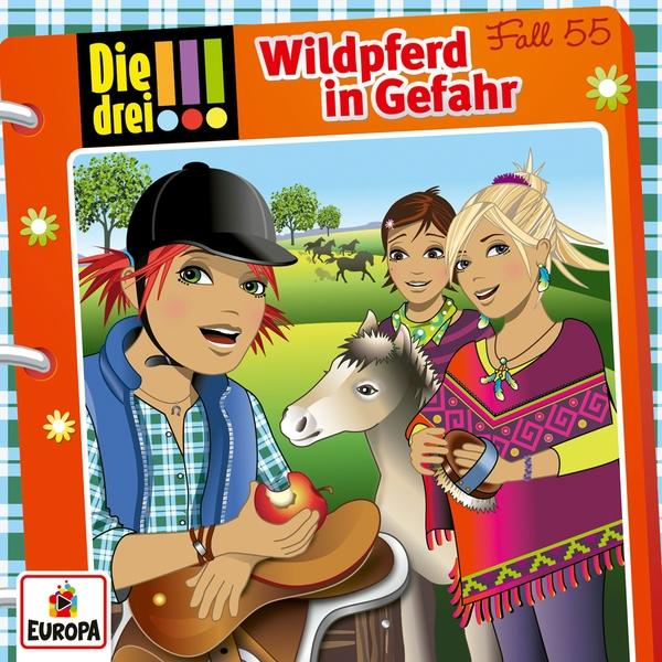 Cartoon-Bild von Mädchen mit einem Pferd und einem Apfel.