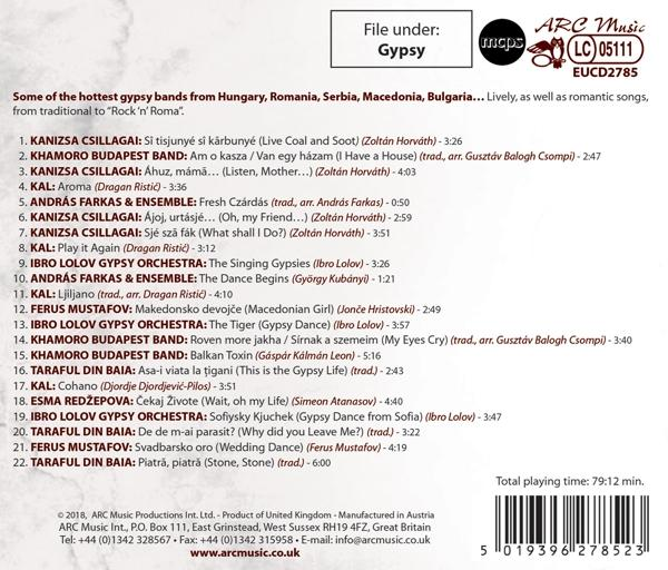 Rückseite einer CD-Hülle mit Text über Zigeunerbands, Titelliste und Logo.