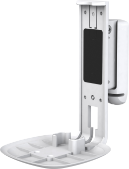 Eine weiße Lautsprecher-Wandhalterung. Sie hat eine Montageplatte, eine gebogene Stütze und eine Basis.