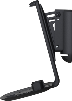 Eine schwarze Tablethalterung an der Wand befestigt. Der Halter ist abgewinkelt und zeigt Form und Details.