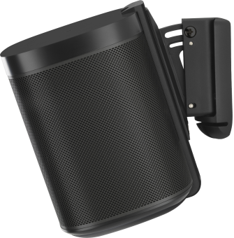 Schwarzer Lautsprecher an einer Wandhalterung befestigt. Der Lautsprecher ist abgewinkelt.