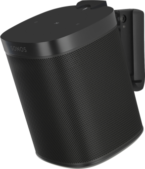 Schwarzer Sonos-Lautsprecher an einer Wandhalterung, zum Betrachter geneigt.