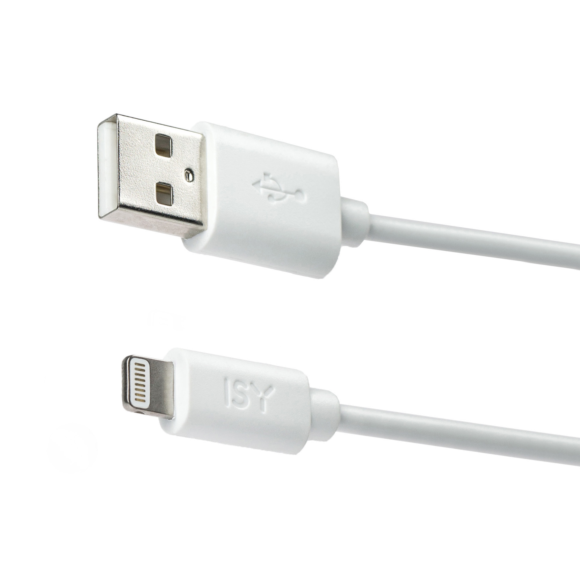 Câble blanc USB vers Lightning. Extrémité USB en haut, extrémité Lightning en bas. Fond blanc.