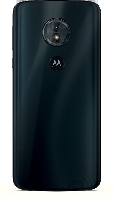 Rückseite eines schwarzen Motorola-Telefons mit Dual-Kamera und Motorola-Logo. Das Telefon ist schwarz.