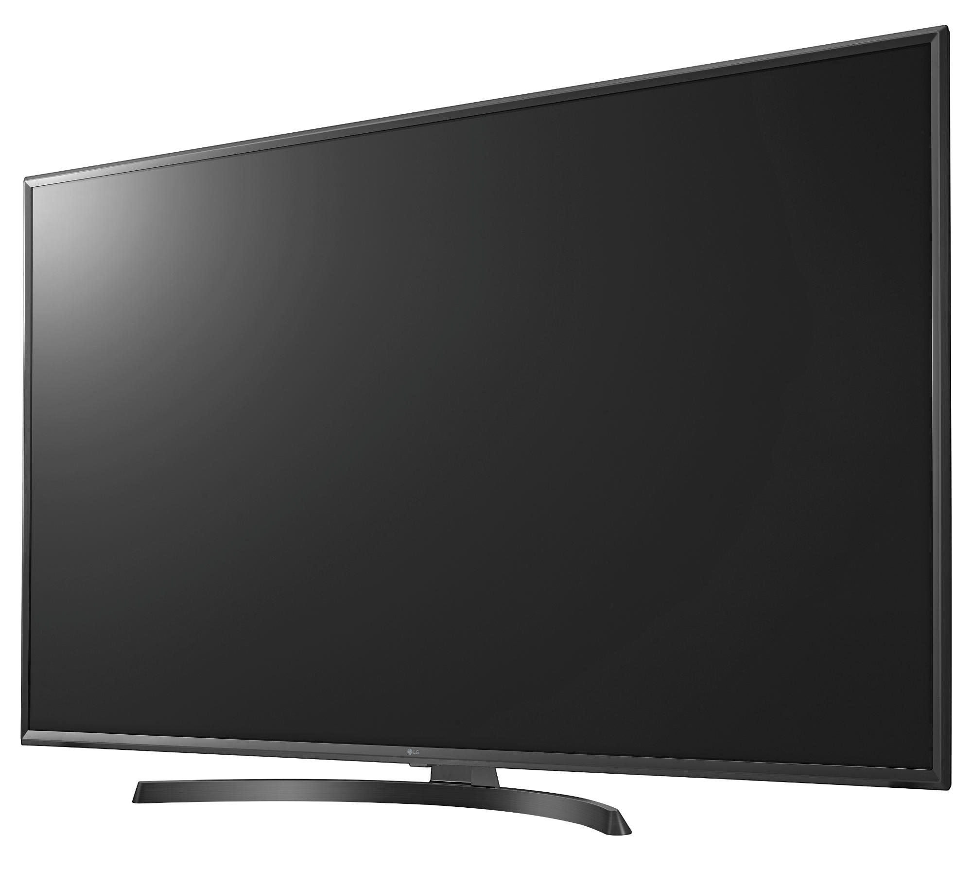 Una pantalla de televisión grande, negra, con base curva sobre fondo blanco.