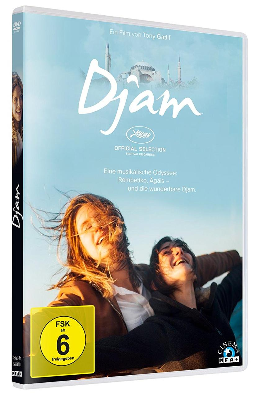 DVD-Hülle mit dem Filmtitel DJAM. Zeigt zwei lächelnde Frauen. Die Hülle hat die FSK 6-Bewertung.