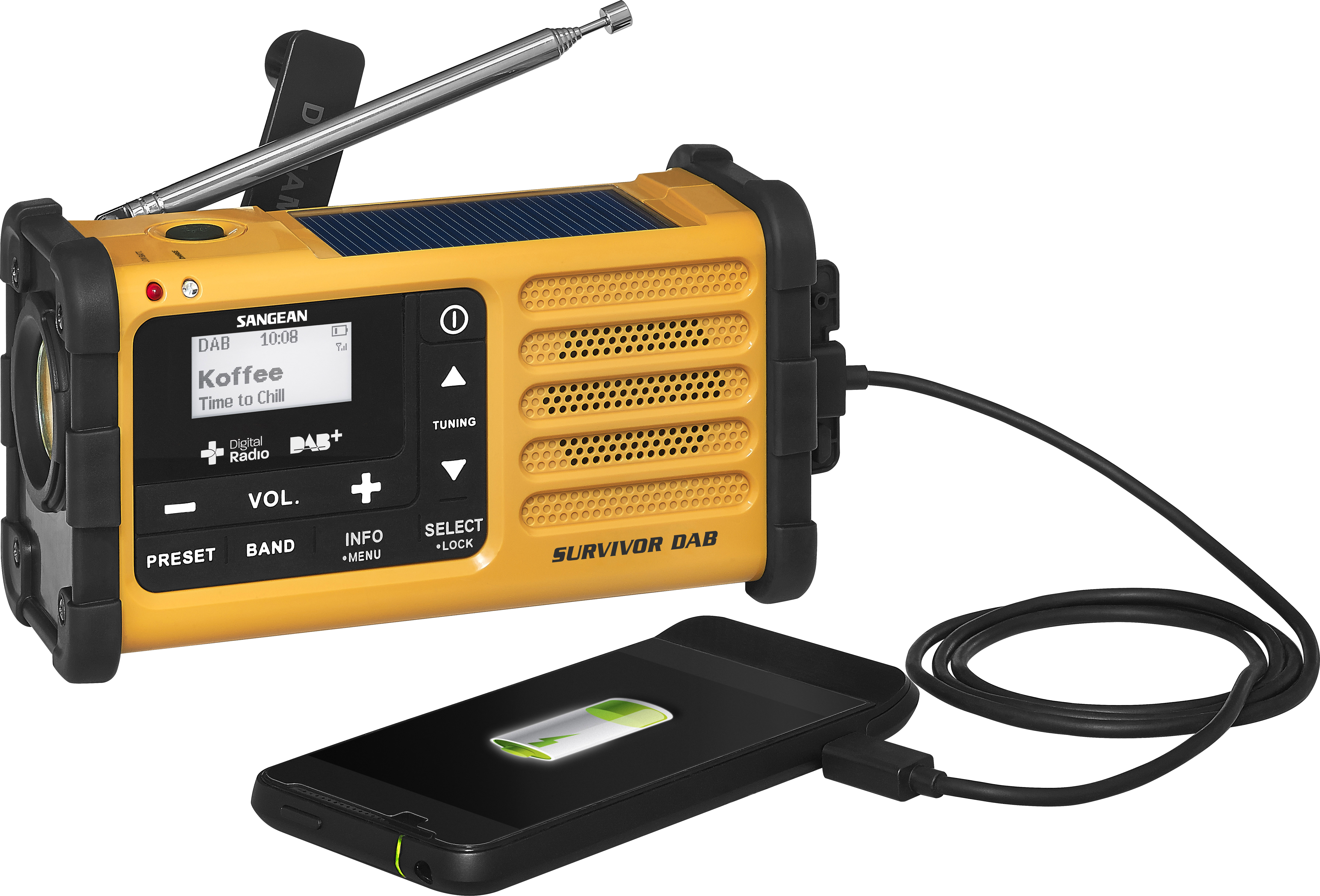 Gelb-schwarzes tragbares Radio mit Telefonaufladung, Solarpanel und Antenne, auf Weiß.