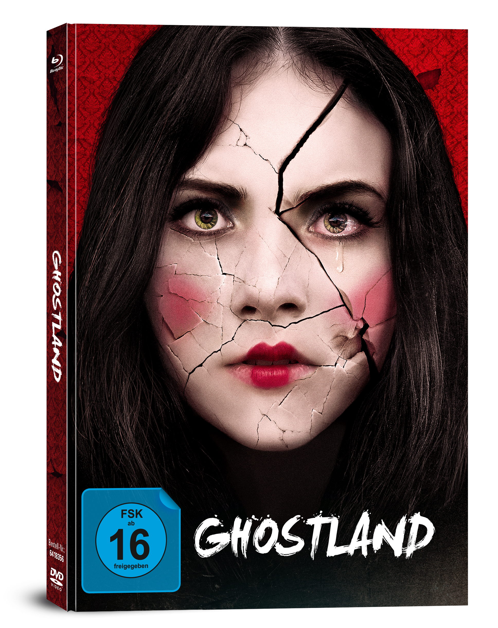 Eine DVD-Hülle mit einem Frauengesicht, Rissen und dem Wort GHOSTLAND.
