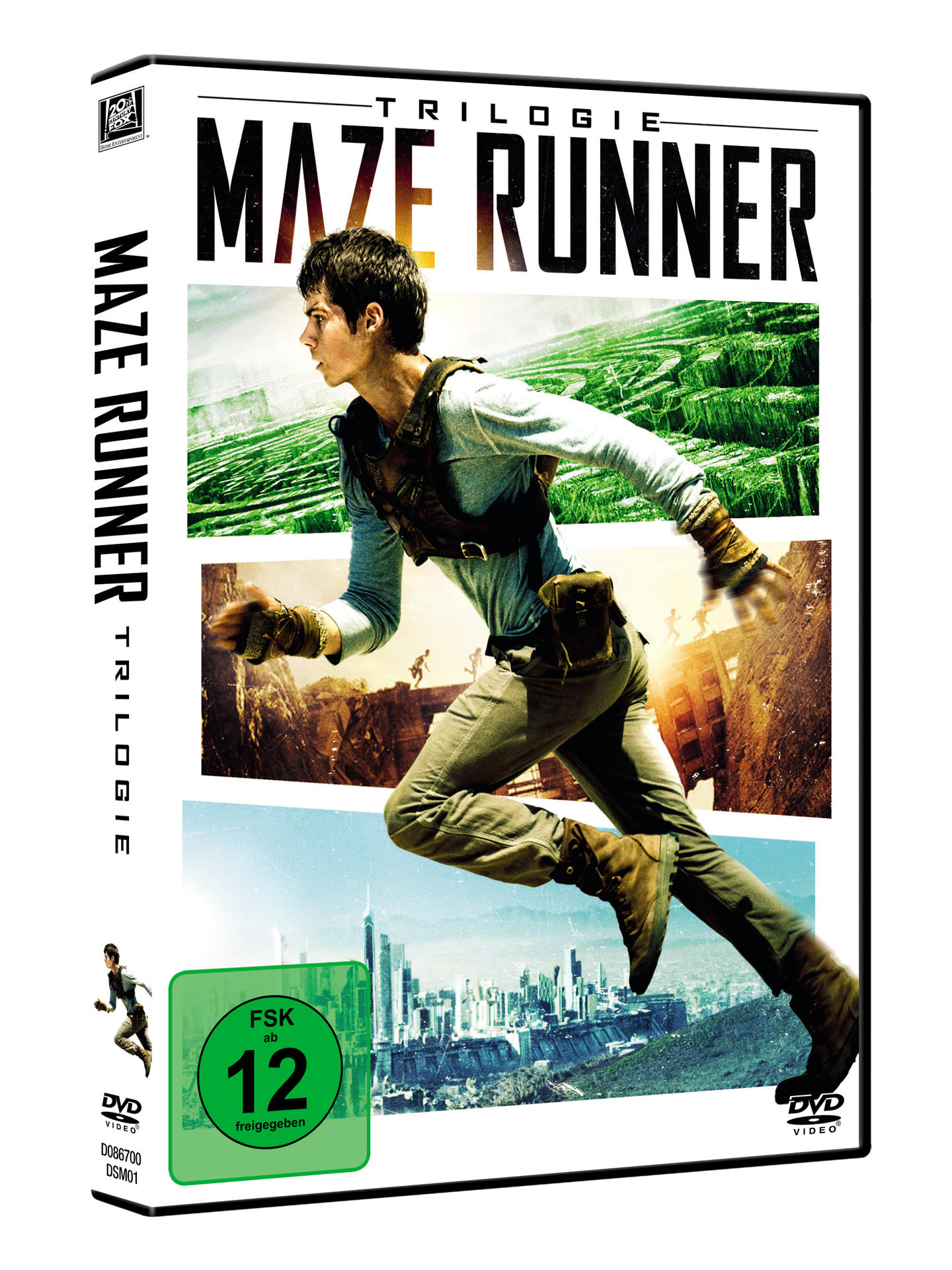 Maze Runner Film-DVD-Hülle. Das Cover zeigt einen Mann beim Laufen und eine Stadtlandschaft.