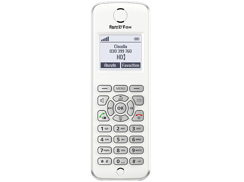 Weißes schnurloses Telefon mit Telefonnummer und Kontaktname auf dem Bildschirm.