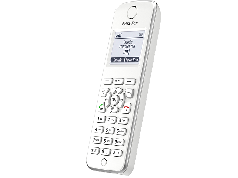 Weißes schnurloses Telefon mit Bildschirm, der Kontaktinformationen anzeigt. Mit Tasten.