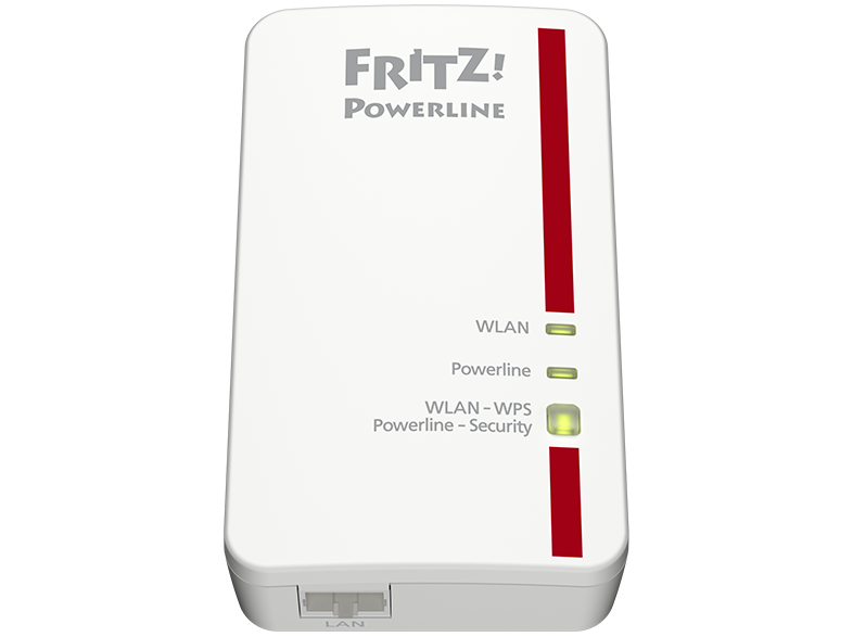Ein weißer Fritz! Powerline-Adapter mit roten Akzenten und drei grünen Kontrollleuchten.
