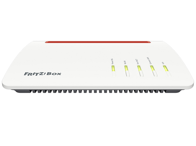 Weißer Router mit roter Oberseite. Hat mehrere grüne Lichter. Die Marke ist FRITZ!Box.