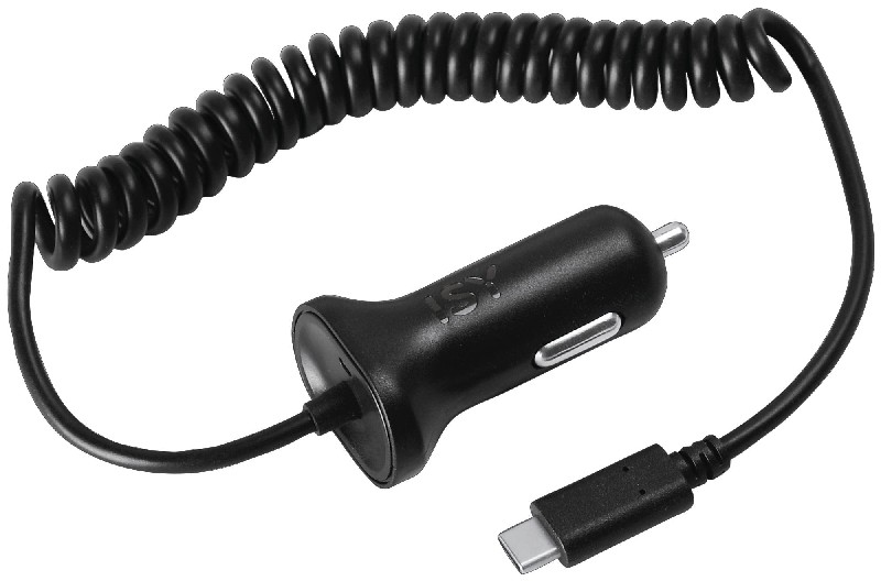 Schwarzes Autoladegerät mit einem spiralförmigen schwarzen Kabel und einem USB-C-Anschluss.