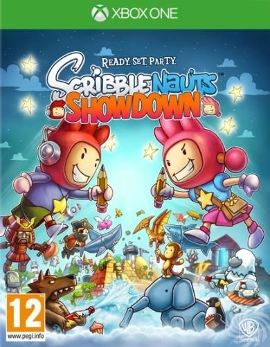 Game cover. Twee cartoonfiguren met potloden. Titel: 'Scribblenauts Showdown'. Monsters en wezens.