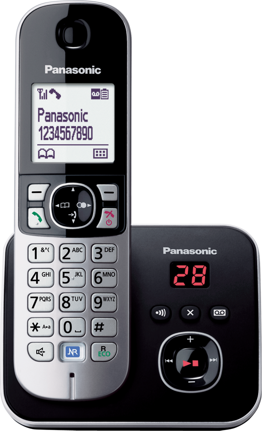 Schwarzes Panasonic Schnurlostelefon mit LCD-Bildschirm, Tastatur und Basis mit Anzeige 28.