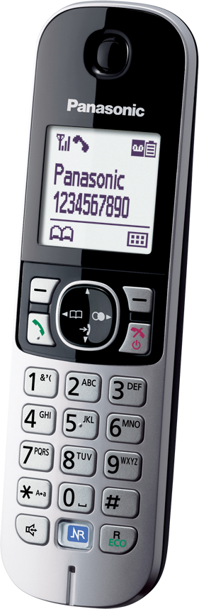 Ein schnurloses Telefon von Panasonic. Es hat einen Bildschirm und eine numerische Tastatur.