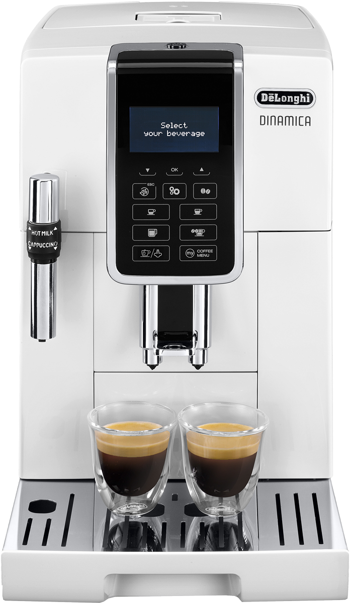 Une cafetière DeLonghi Dinamica blanche avec deux tasses à expresso et un écran de menu.