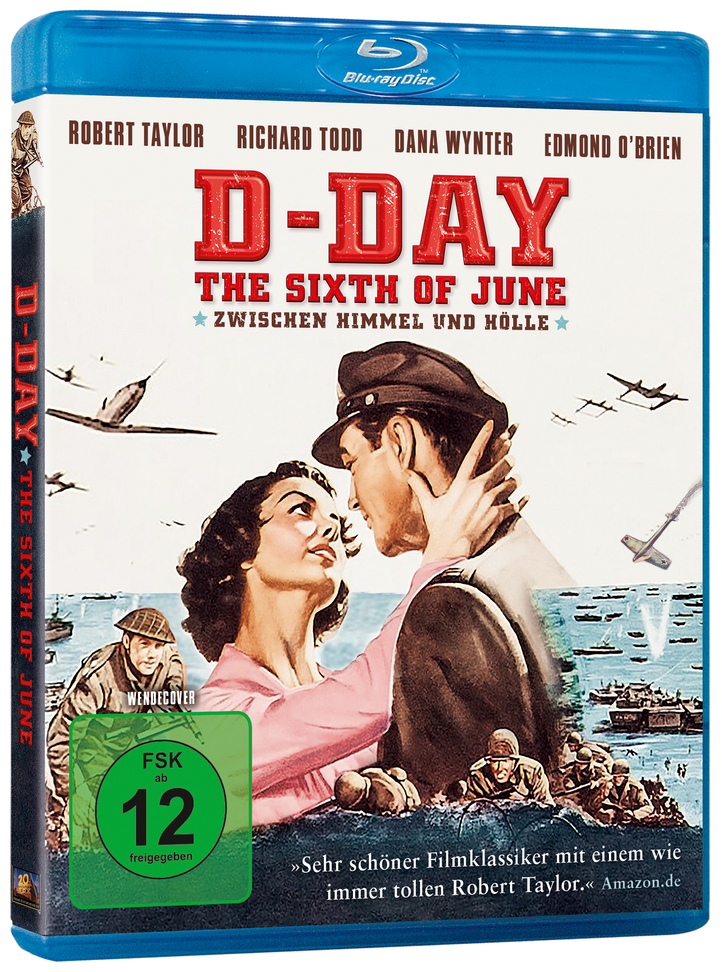 D-Day Blu-ray-Disc-Cover. Zeigt Schauspieler, ein Paar, das sich umarmt, und Kriegsszenen.