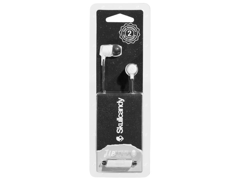 Fülhallgatók fekete-fehér kártyába csomagolva, a Skullcandy logóval és a 'JIB' szöveggel.