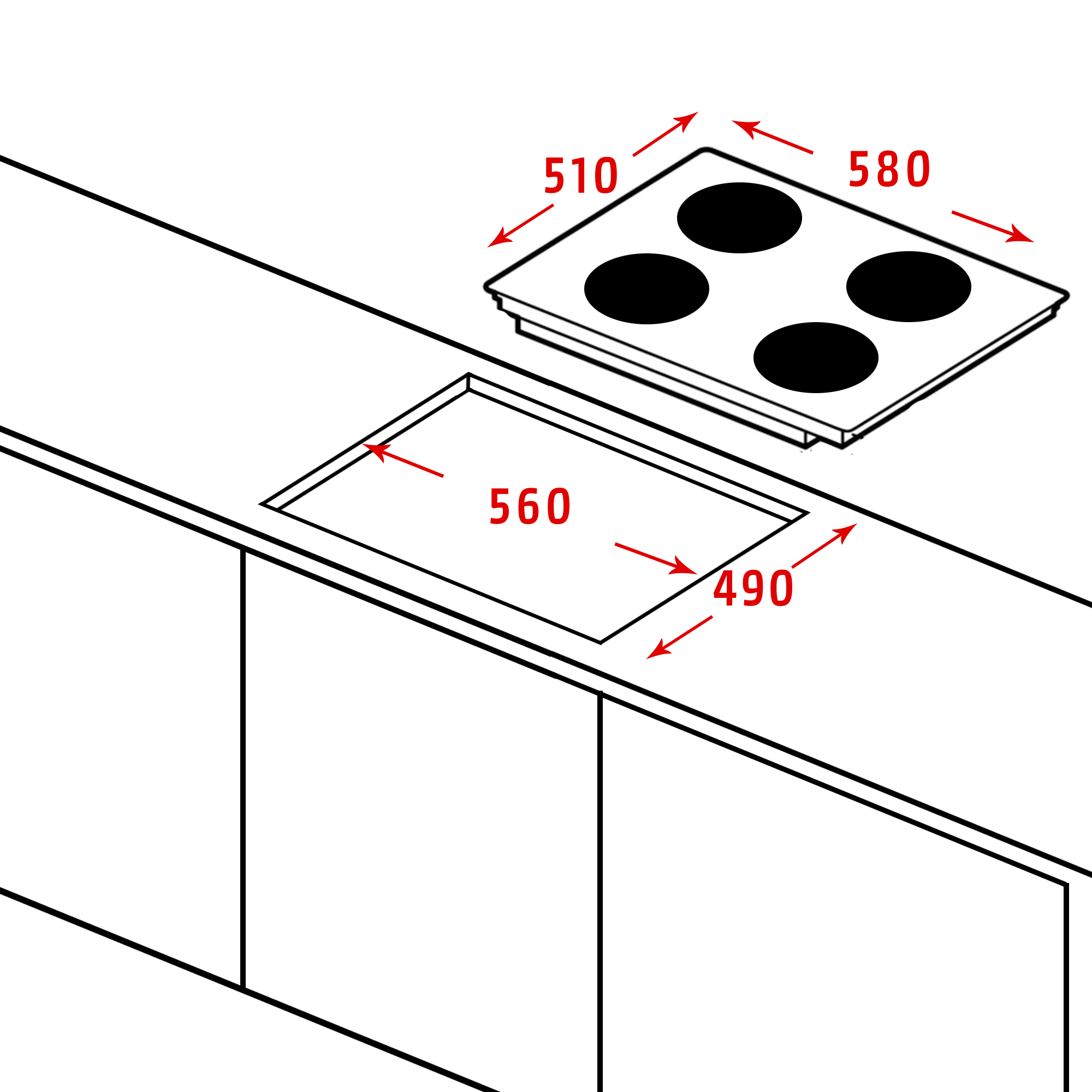 Diagram van een kookplaat met afmetingen in millimeters. Kookplaat heeft vier zwarte cirkels, afmetingen zijn 510x580. Daaronder een uitsparing 560x490.