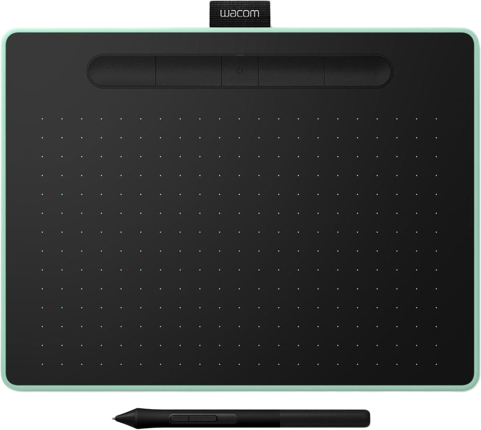 Wacom rajztábla tollal. A tábla fekete, mentazöld szegéllyel.