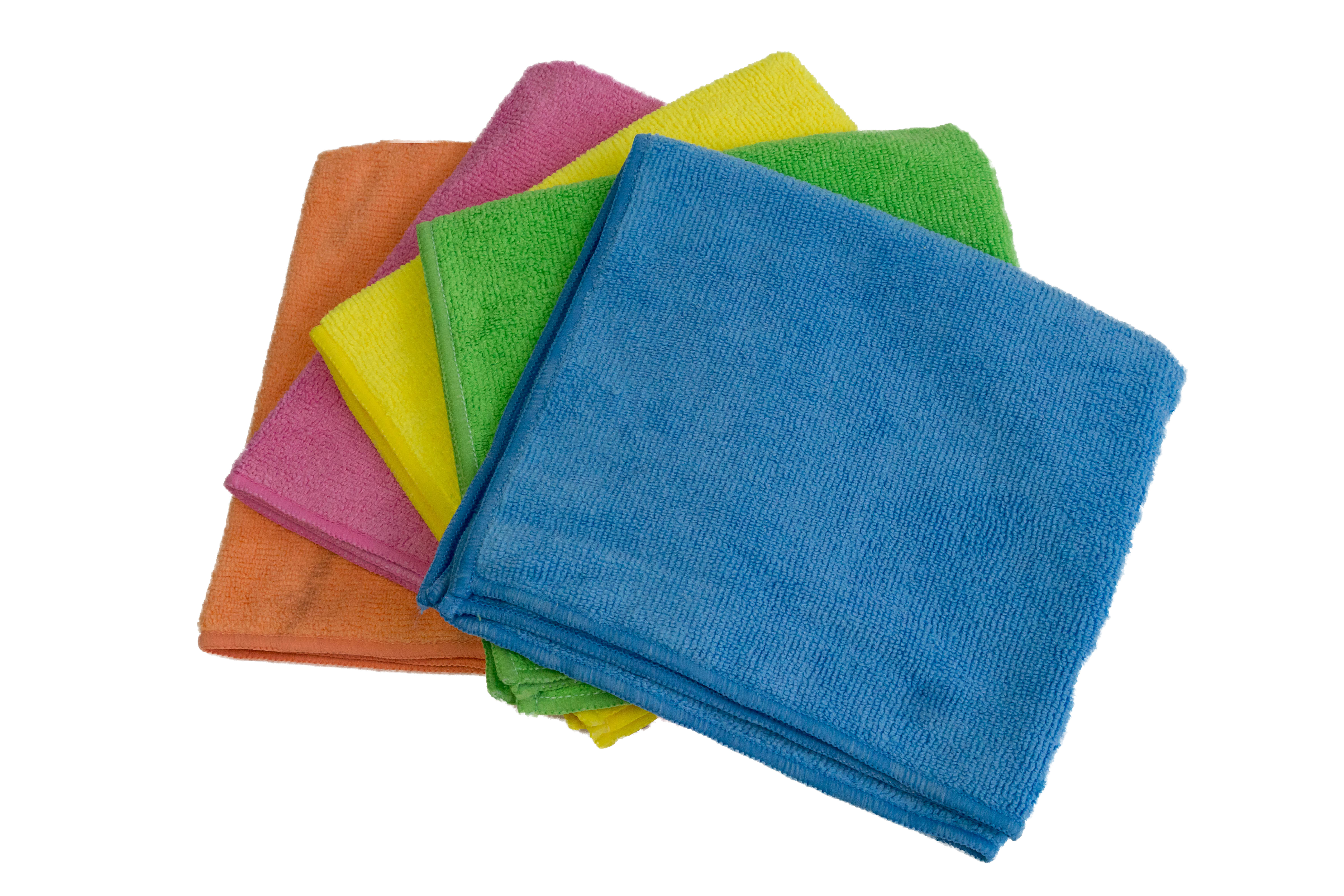 Cinq chiffons en microfibre de différentes couleurs : rose, orange, jaune, vert et bleu. Le tout sur fond blanc.