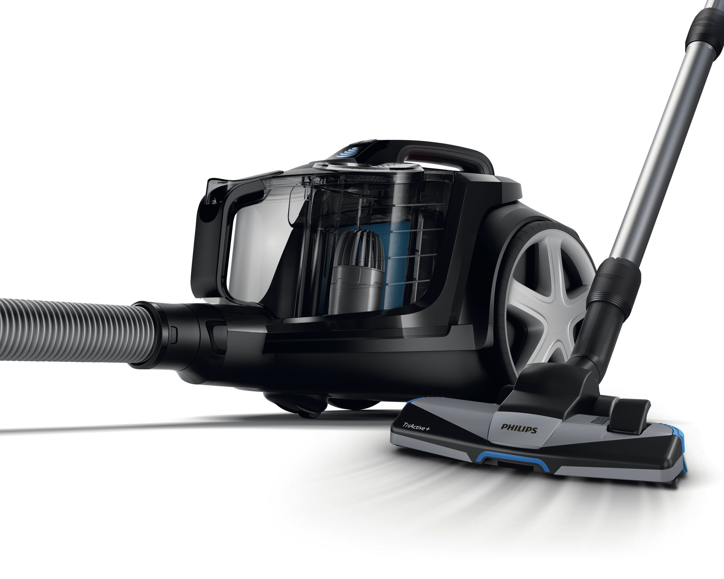 Schwarzer Philips TriActive+ Staubsauger mit Düse auf weißem Hintergrund.