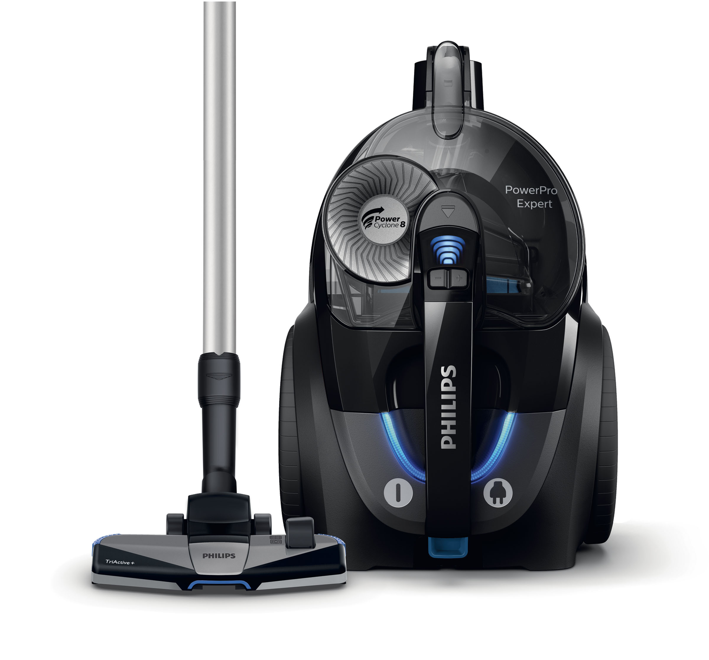 Ein schwarz-blauer Philips Staubsauger. Der Reiniger befindet sich neben dem Staubsaugerkopf. Weißer Hintergrund.