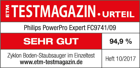 Testmagazin-Etikett mit Text und Bewertungen. Rotes und weißes Farbschema, Text auf Deutsch.