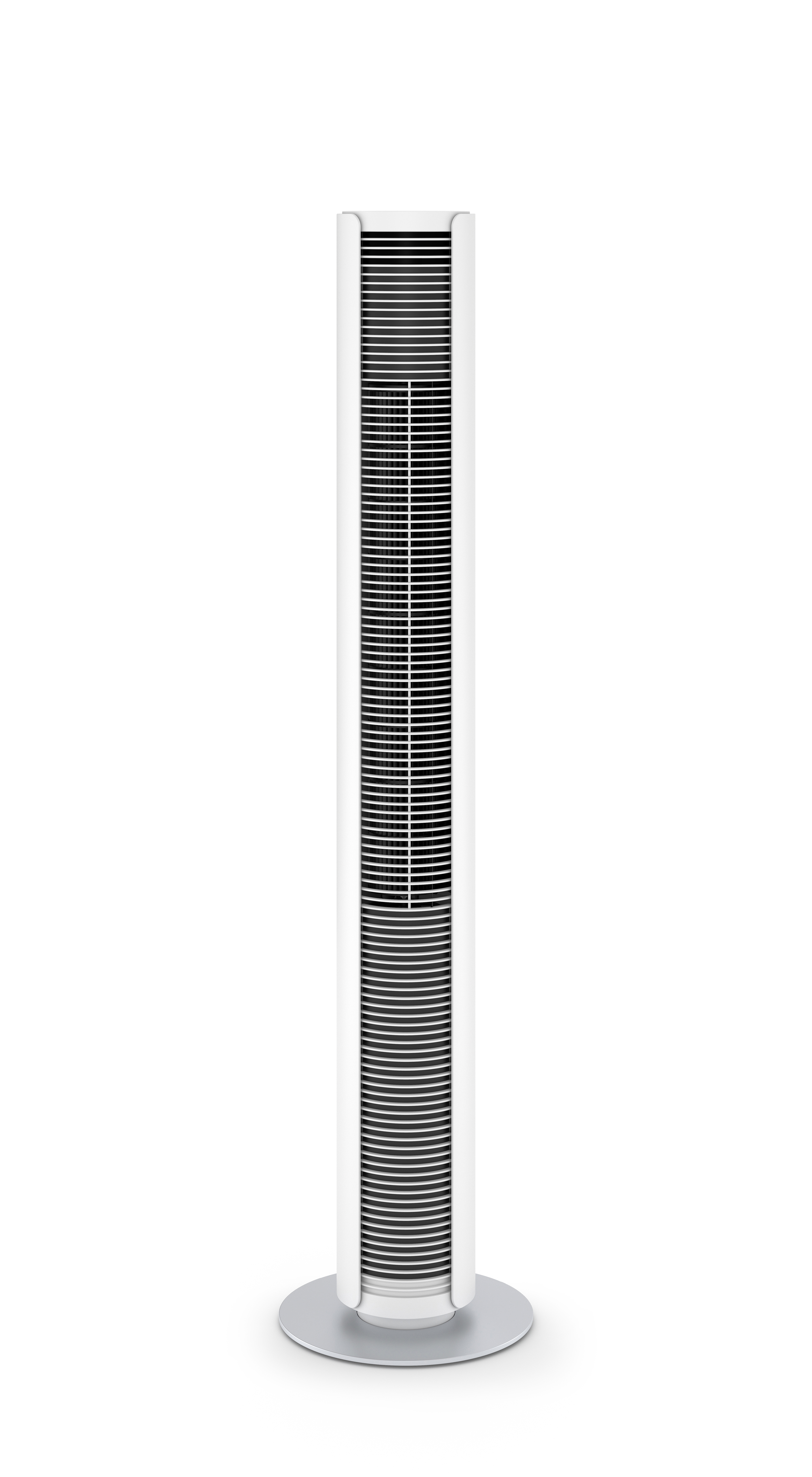 Ein hoher weißer Ventilator mit schwarzem Gitter. Er hat einen runden Sockel und steht vor weißem Hintergrund.