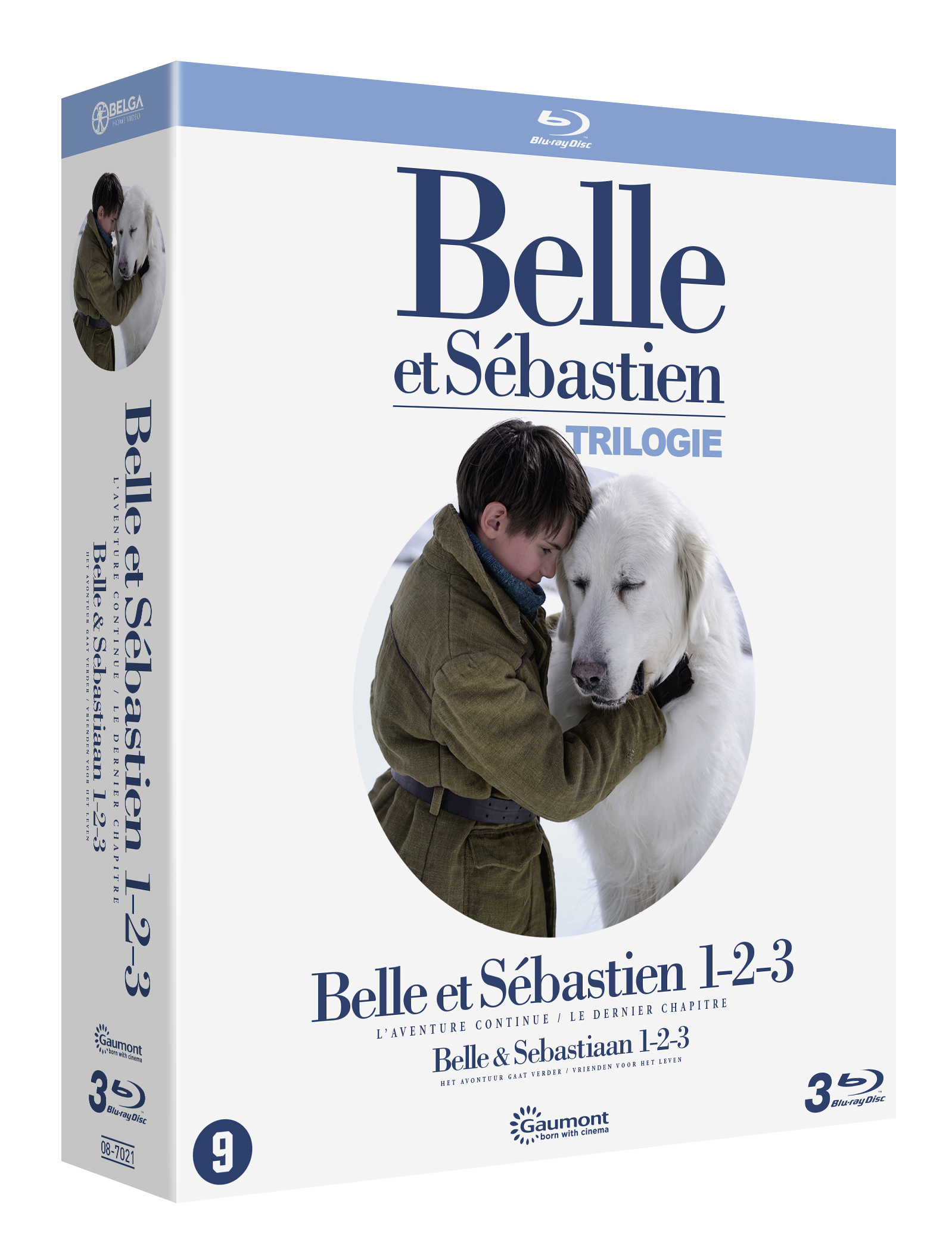 DVD-boxset van de Belle et Sébastien-trilogie. Jongen en hond op de cover. Witte achtergrond.