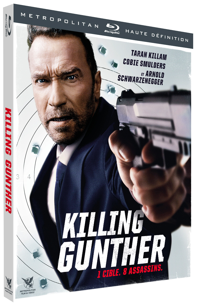 Movie cover of 'Killing Gunther'. Arnold Schwarzenegger holding a gun, target background.
