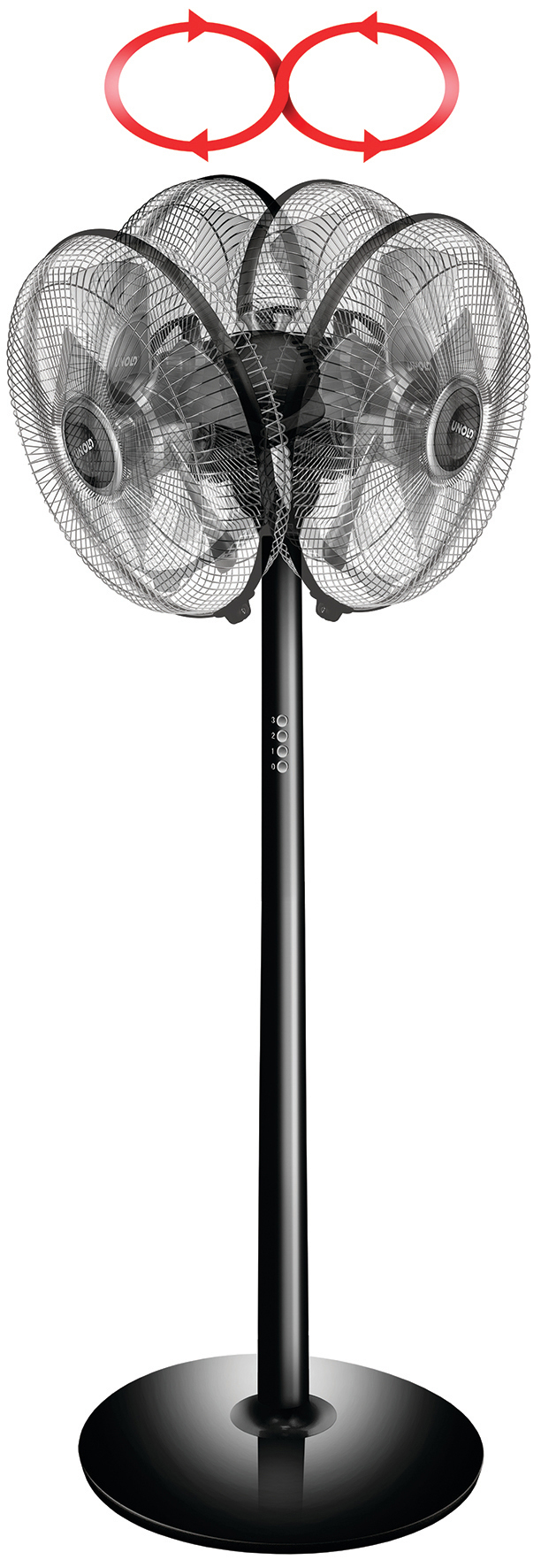Hoher schwarzer Ventilator mit mehreren Flügeln. Rote Pfeile zeigen die Drehrichtung an.