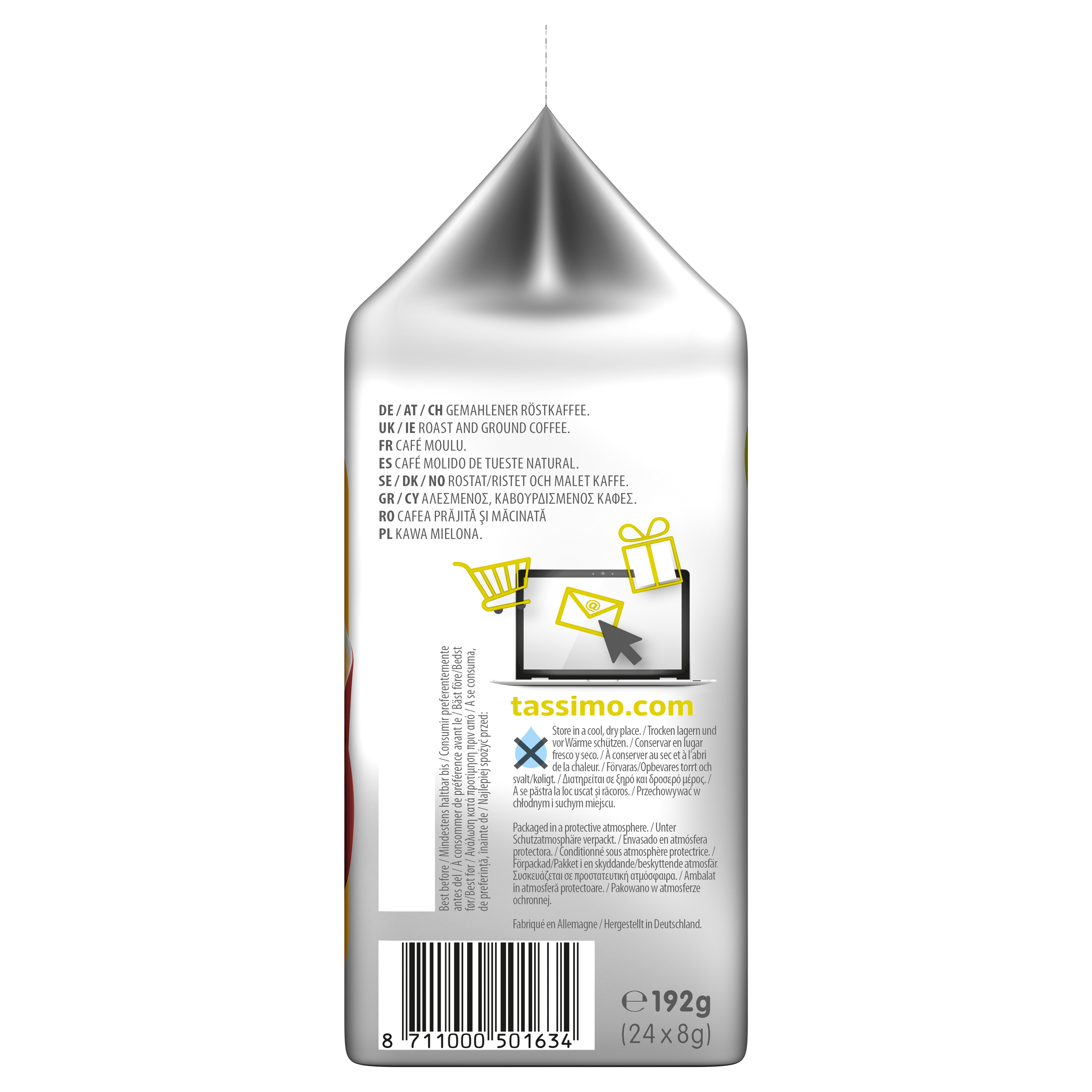 Tassimo Kaffeepads-Verpackung mit verschiedenen Texten und der Darstellung eines Laptops und eines Geschenks.