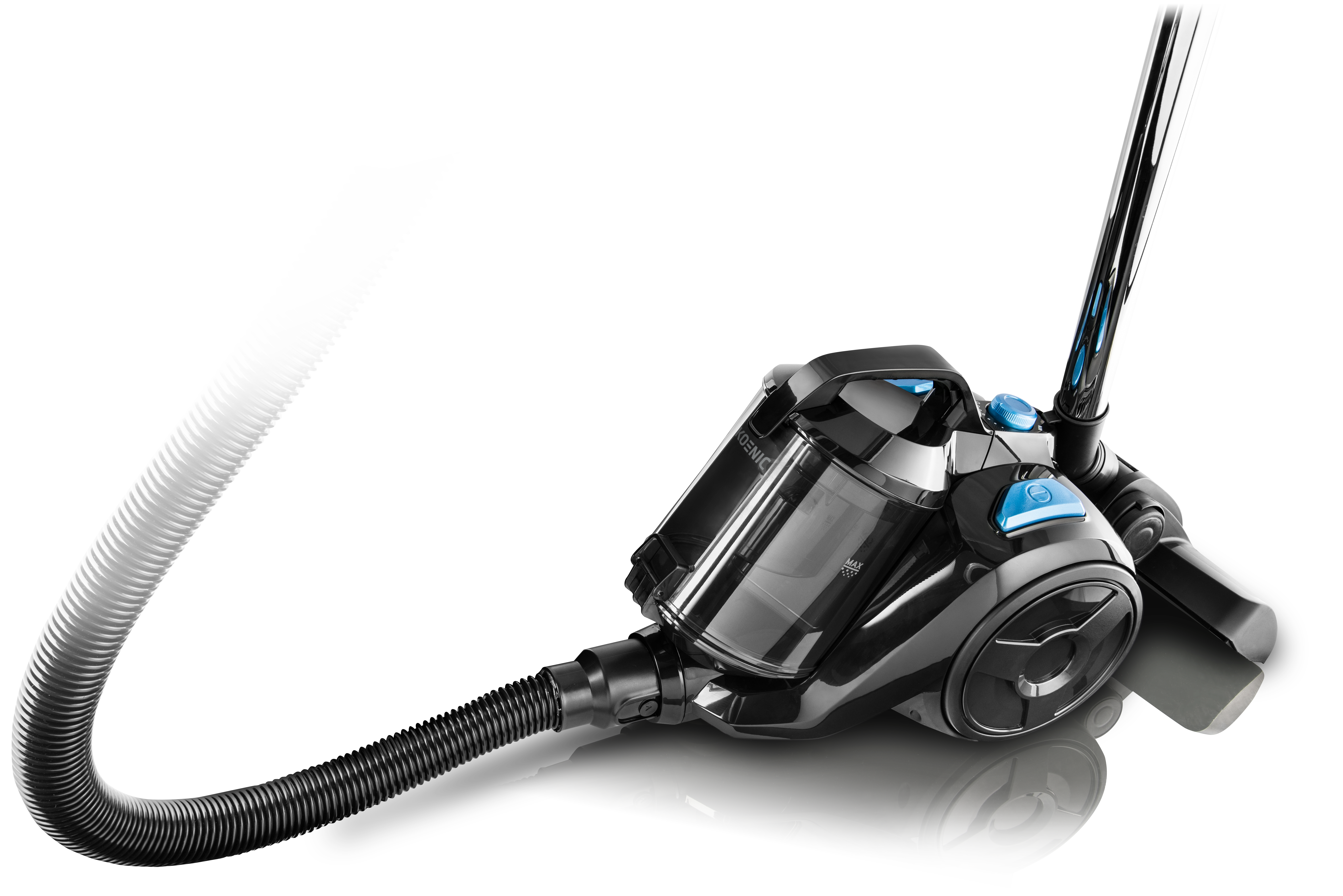 Ein schwarzer Staubsauger mit blauen Akzenten auf weißem Hintergrund.