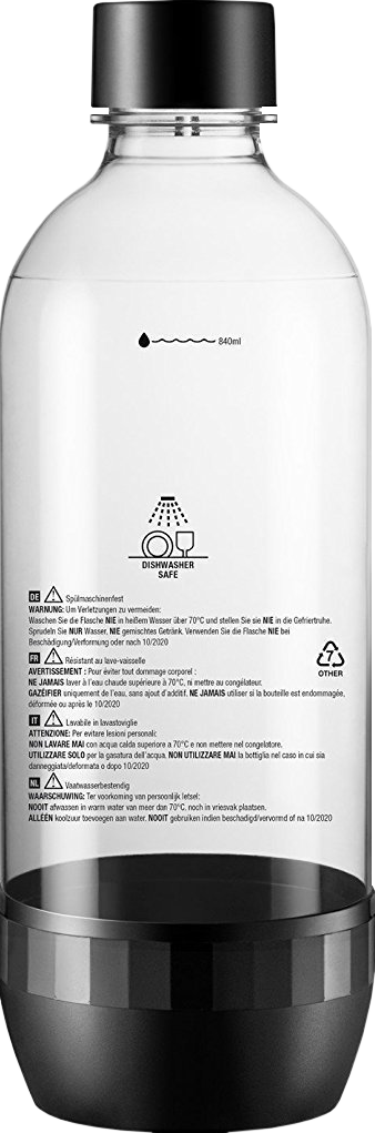 Transparente Plastikwasserflasche mit schwarzem Boden, Deckel und Deckel. Text und Symbole sind auf der Flasche aufgedruckt.