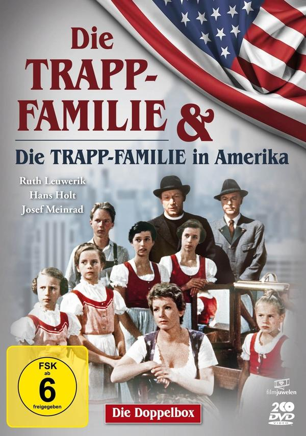 DVD-Cover mit Familienporträt vor amerikanischer Flagge. Deutscher Text 'Die Trapp-Familie & Die Trapp-Familie in Amerika'.