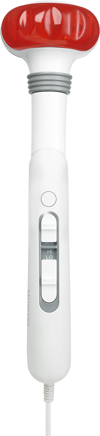 Een witte massage-vibrator met een rode kop en een schakelaar voor intensiteit. Witte kabel.