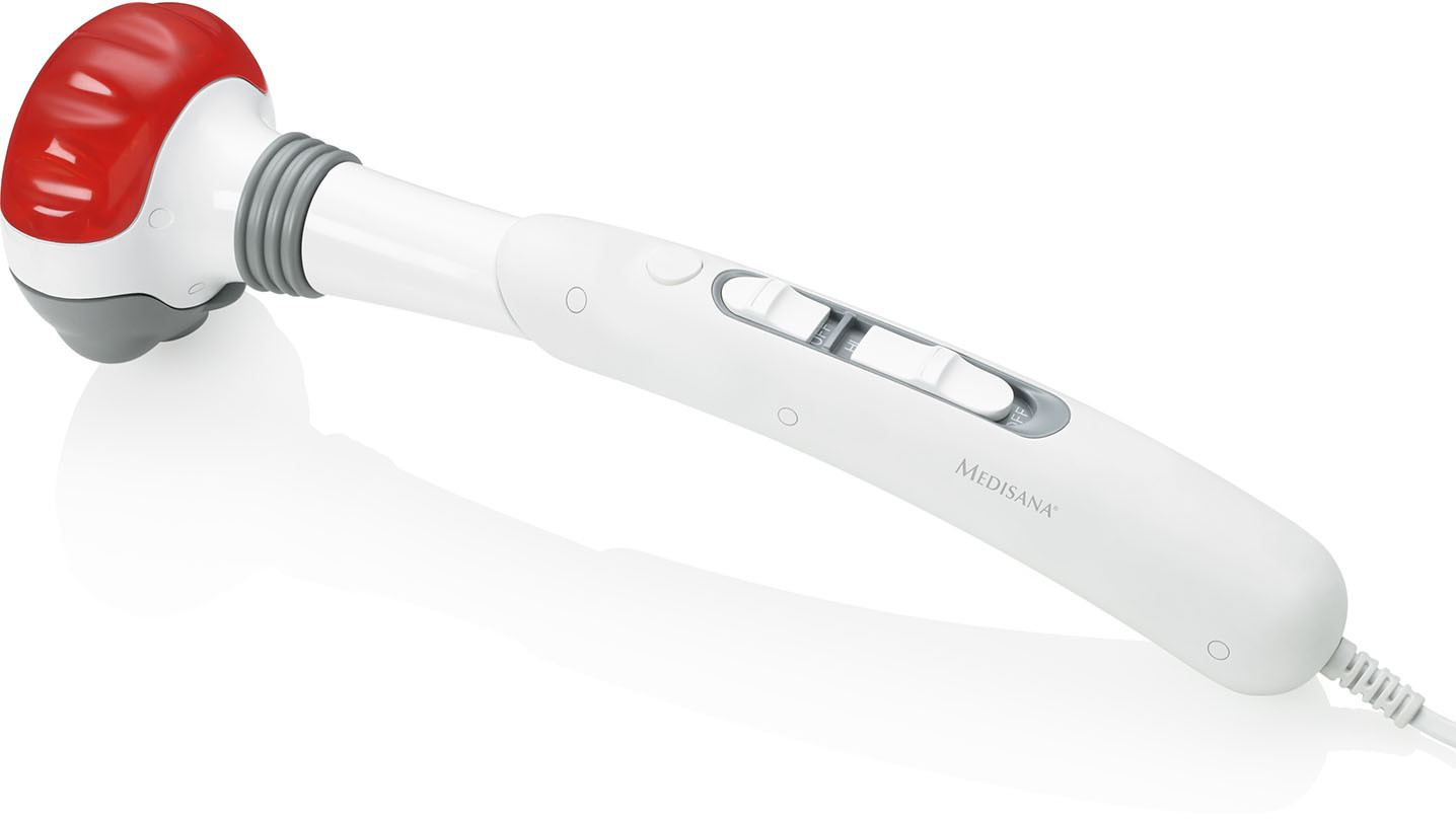 Wit en rood massageapparaat met een lange handgreep en een netsnoer.